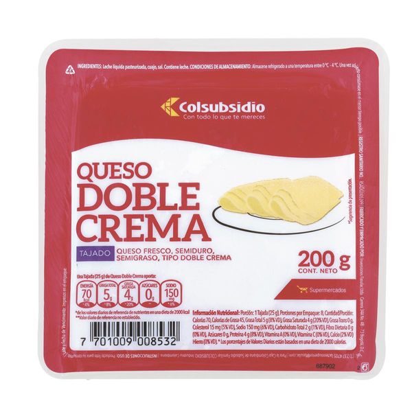 Queso Doble Crema Tajado Colsubsidio x 200 G