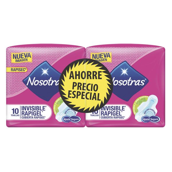Toallas Higiénicas Nosotras Invisible Rapigel 2 paquetes x 10 Und C/u