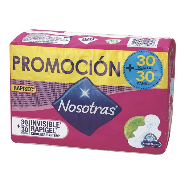 Toallas Higiénicas Nosotras Invisible Rapigel x 30 Und + 30 Pañitos Íntimos