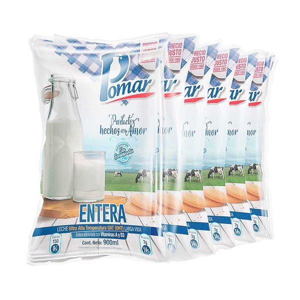 Leche Entera en Bolsa Pomar x 6 Und x 900Ml C/u