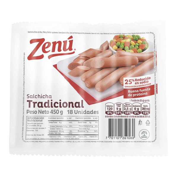 Salchicha Tradicional Zenú x 18 Und x 25Gr C/u