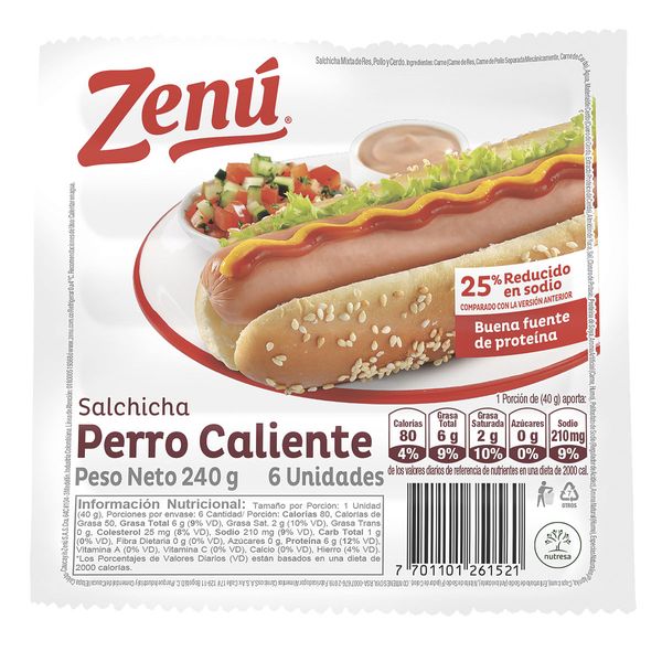 Salchicha Perro Caliente Zenú x 6 Und x 40Gr C/u