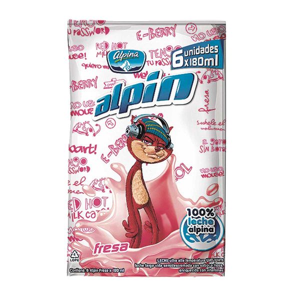 Leche Saborizada Alpin Fresa en Bolsa Alpina x 6 Und x 180Ml C/u