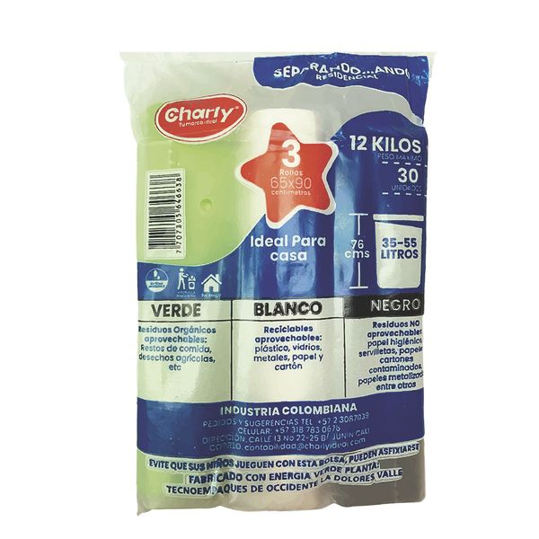 Bolsa de Basura Charly Separando…ando Residencial x 3 Rollos x 30 Unidades c/u