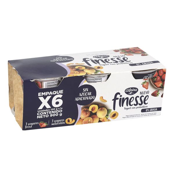 Yogurt Finesse Fresa - Melocotón Descremado Alpina x 6 Und x 150Gr C/u