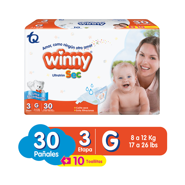 Pañales Winny Ultratrim Sec Etapa 3 x 30 Unidades + Toallitas x 10 Unidades