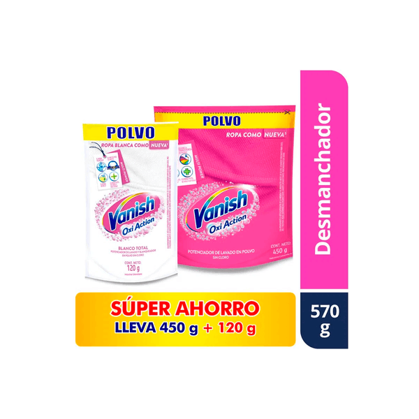 Quitamanchas Potenciador de Lavado Rosa x 450 Gr + Blanco Total x 120 Gr Vanish