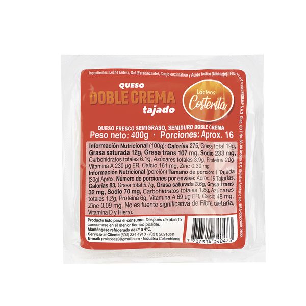 Queso Costerita Doble Crema Tajado 400 G